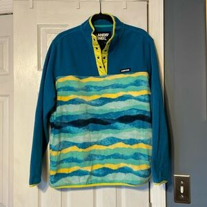 Land's End Snap Neck Pullover Heritage Fleece. Blue Green Stripe
